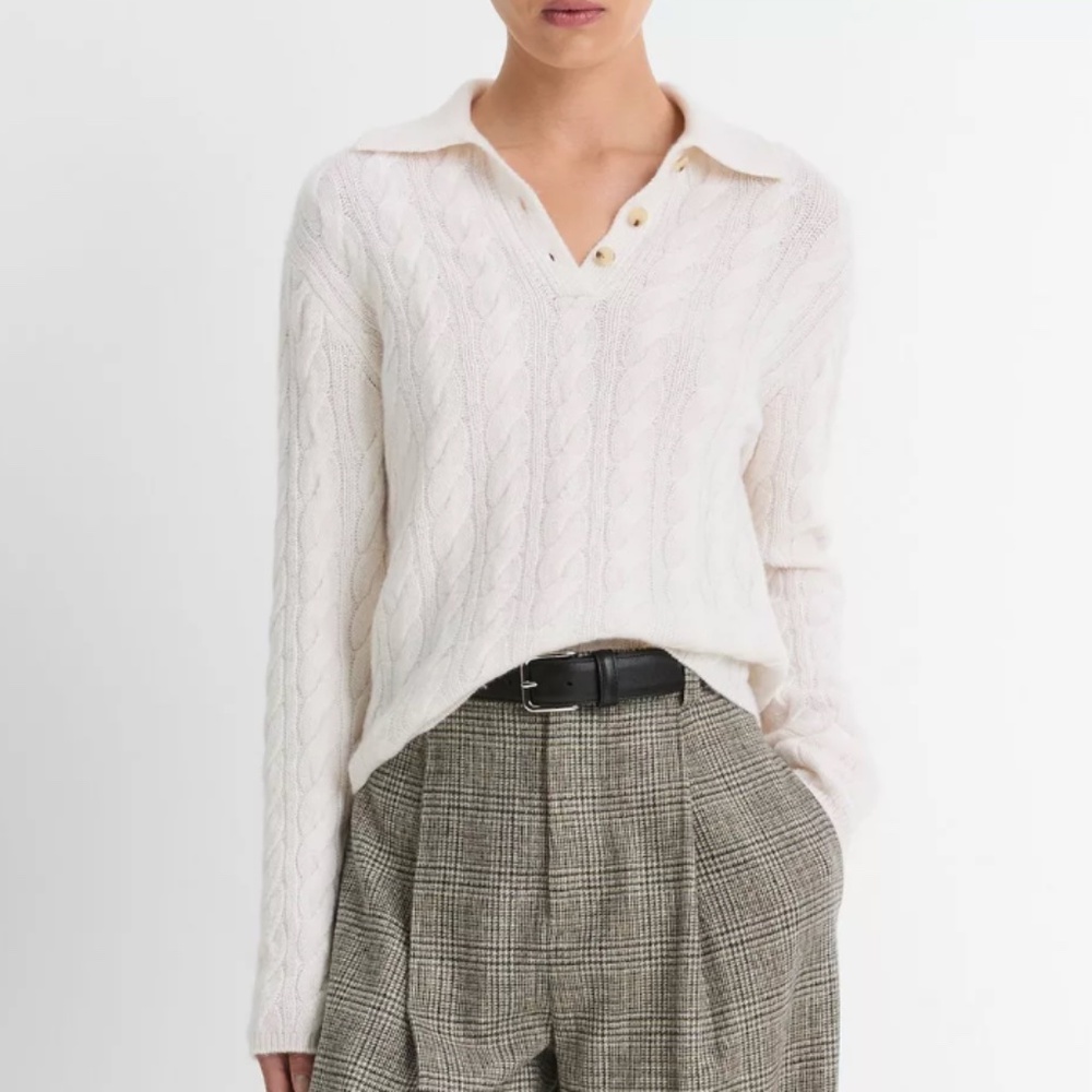 NWT VINCE Cable-Knit Wool-Blend Polo Sweater